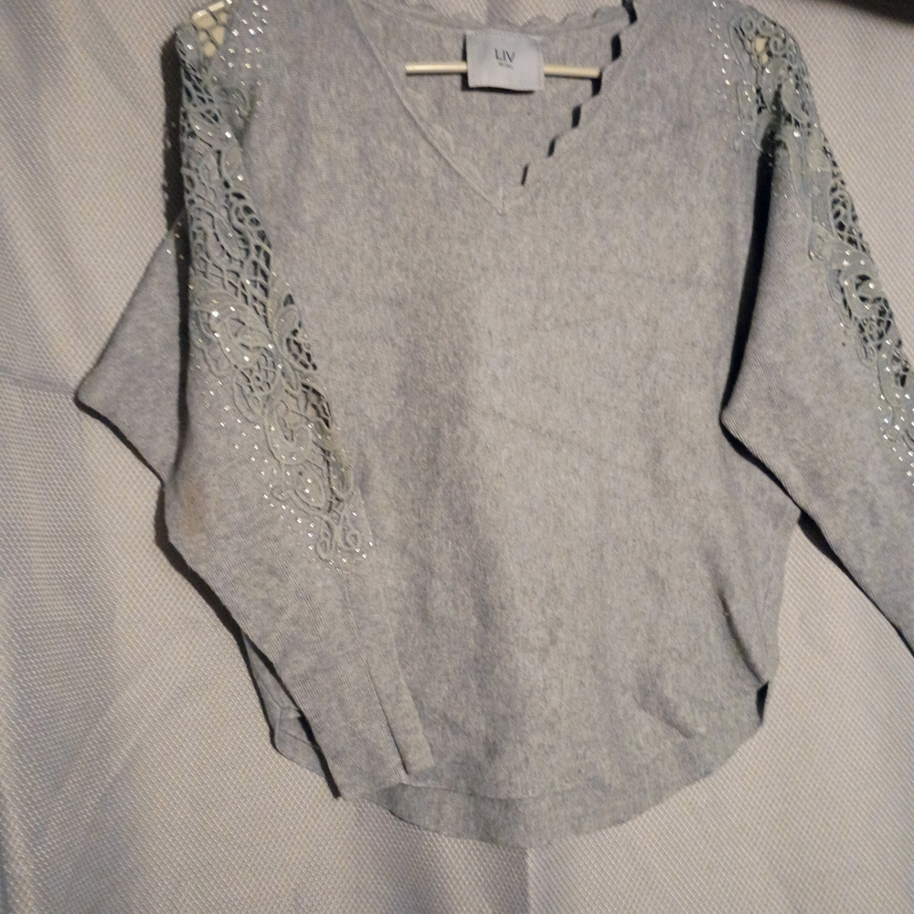 Chic Gray V-Neck Sweater with Lace by LIV